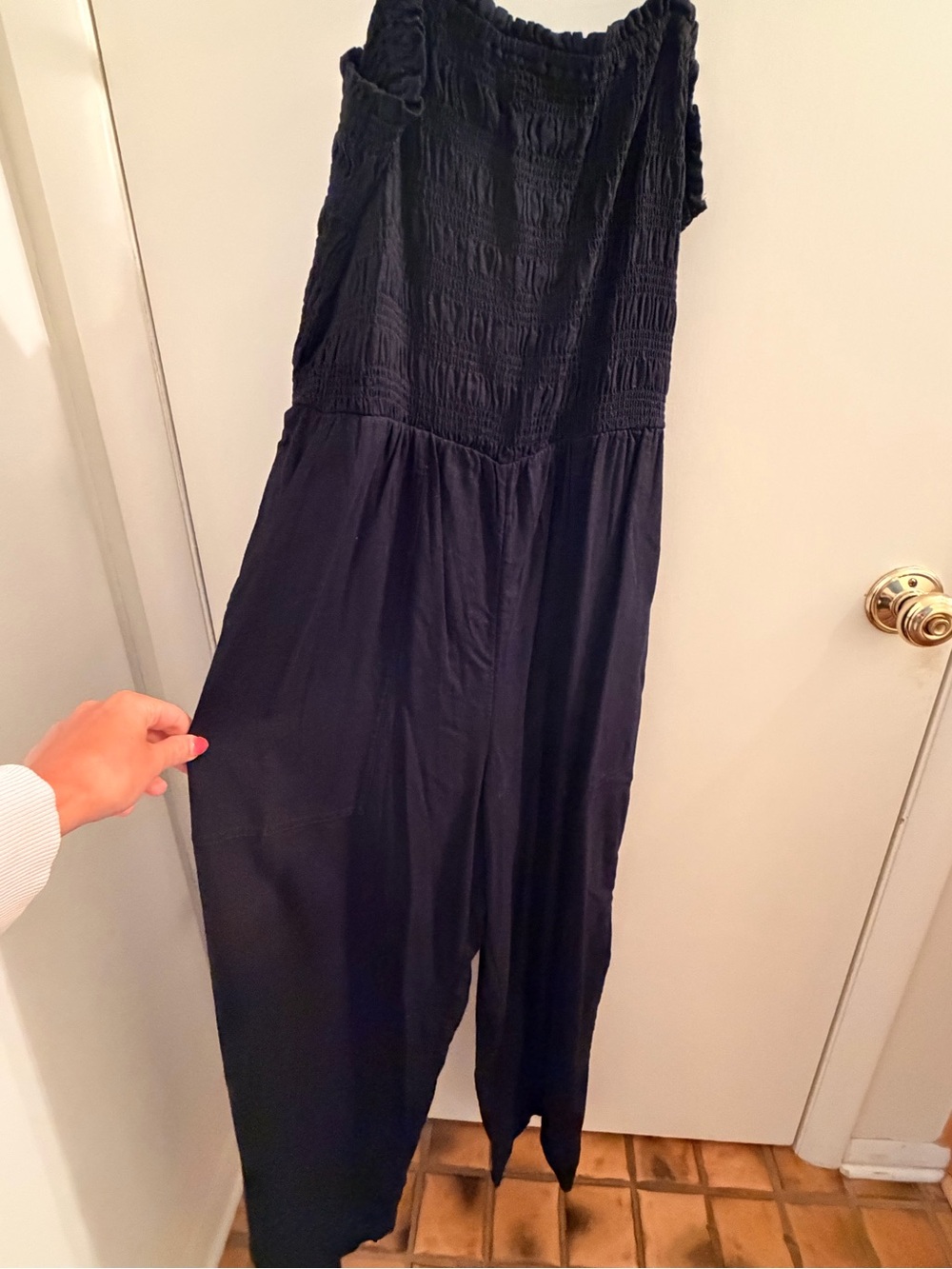 Black Smocked Wide-Leg Jumpsuit